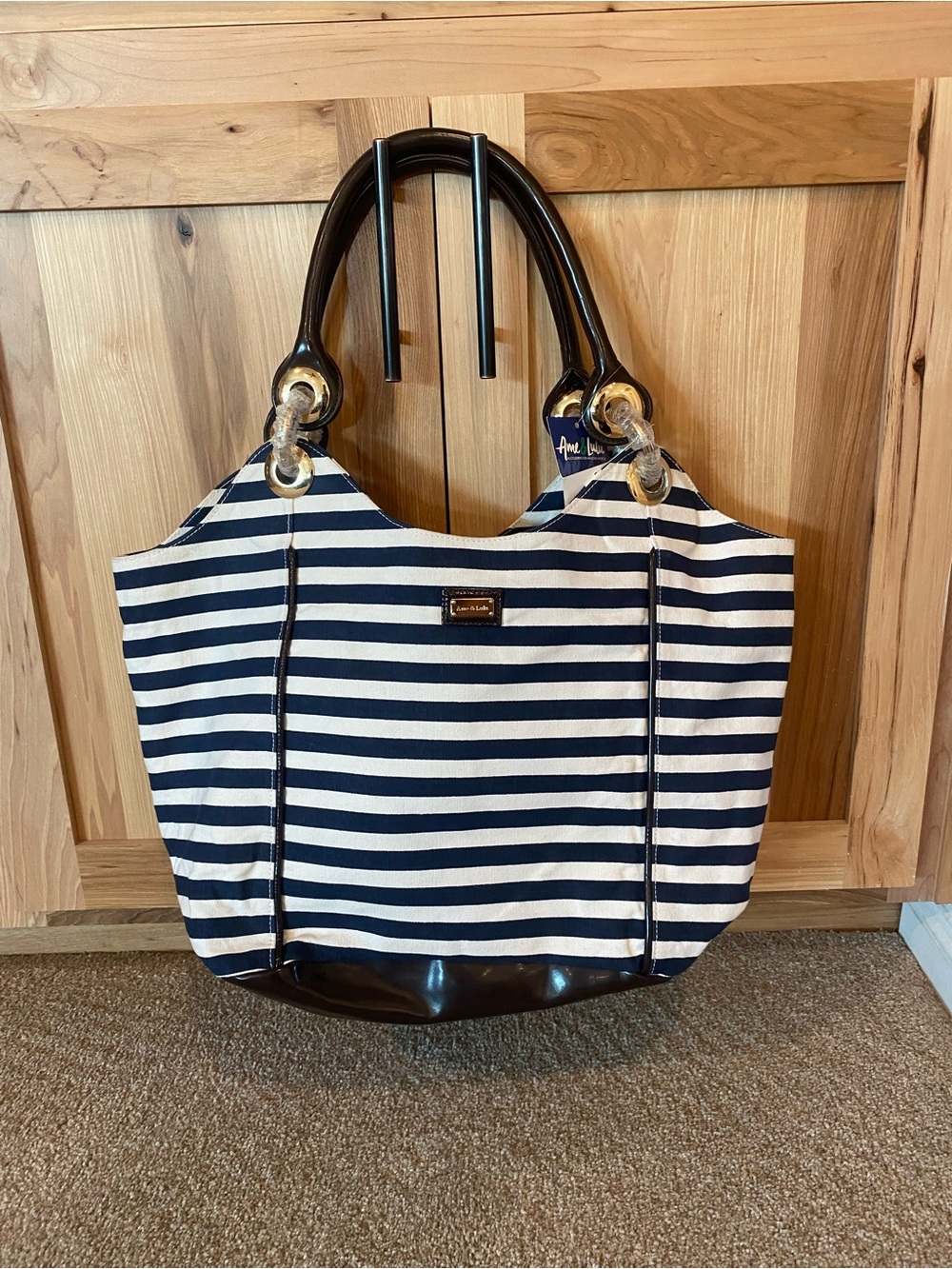 Striped Navy and White Canvas Tote with Brown Trim - Picture 2 of 8